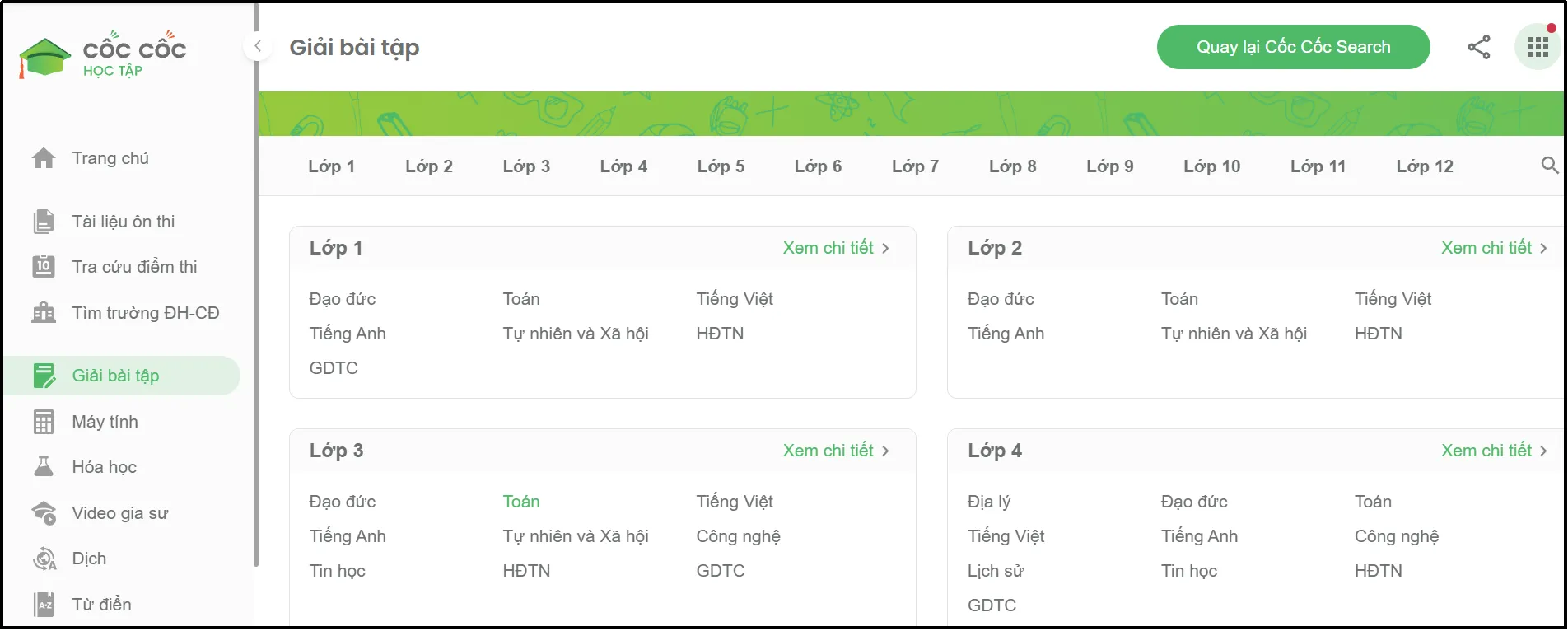 Giao diện tính năng giải bài tập của Cốc Cốc Học Tập, một web giải toán miễn phí uy tín