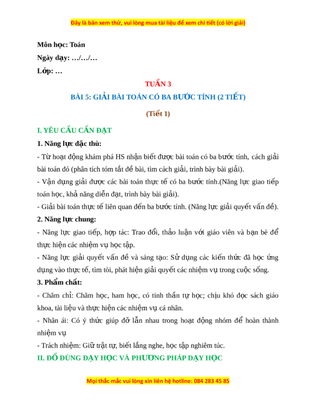 Giáo Án Giải Toán Có Lời Văn Lớp 3 (Có Hướng Dẫn Chi Tiết)