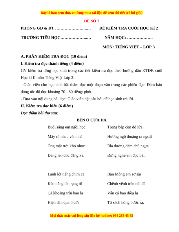 Đề Kiểm Tra 1 Tiết Tiếng Việt Lớp 7 Học Kì 2 Có Đáp Án Chi Tiết