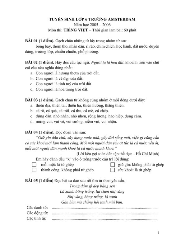 Tổng Hợp 50+ Đề Thi Tuyển Sinh Lớp 6 Môn Tiếng Việt Năm 2025 (Mới Nhất)