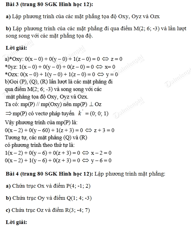 Giải Bài 3 Trang 80 SGK Hình Học 12: Phương Trình Mặt Phẳng Tọa Độ
