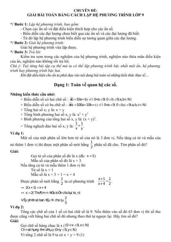 Giải bài toán bằng cách lập hệ phương trình lớp 9: Lý thuyết và bài tập chi tiết