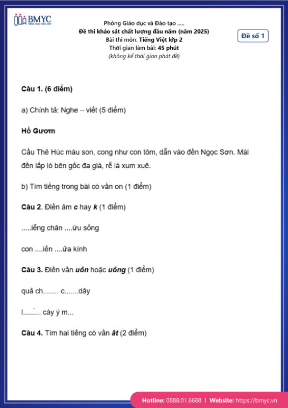 Bộ Đề Thi Học Kỳ 2 Lớp 1 Môn Tiếng Việt Chuẩn Cấu Trúc Mới Nhất
