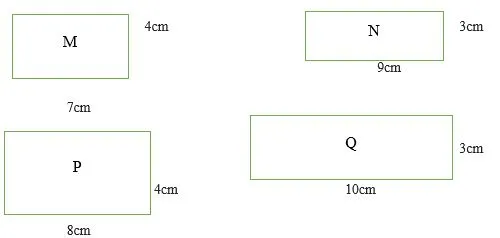 Hình ảnh các hình chữ nhật M, N, P, Q với kích thước khác nhau