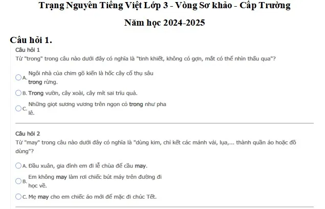Đề thi Trạng nguyên Tiếng Việt lớp 3 cấp trường