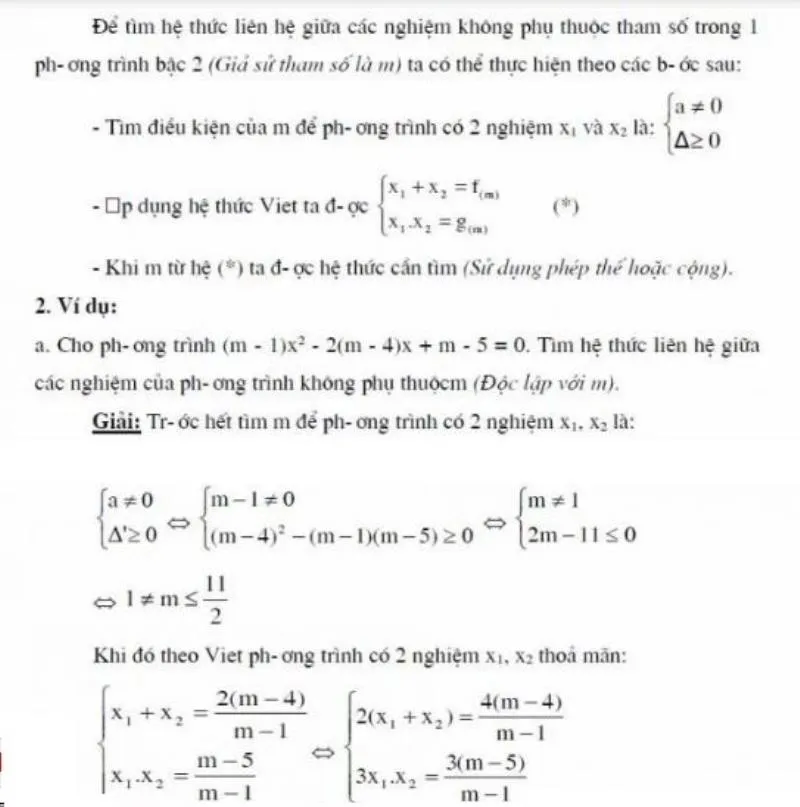 Hệ Thức Liên Hệ Giữa Các Nghiệm Phụ Thuộc Tham Số 1