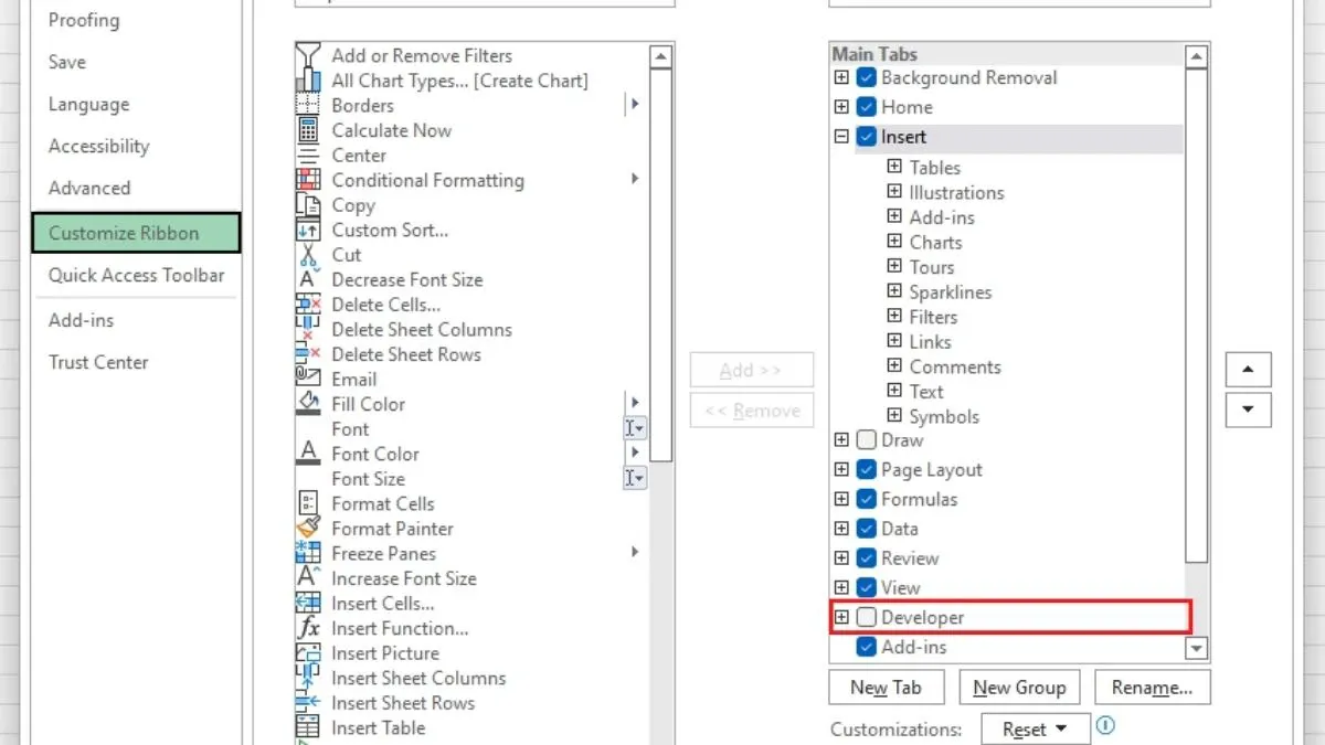 click chọn vào mục Developer