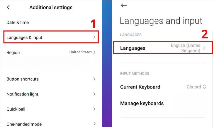 Chọn mục Languages & input