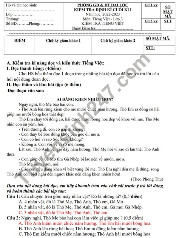 Top 30 Đề thi Tiếng Việt lớp 3 Học kì 1 năm 2026 (Có đáp án)