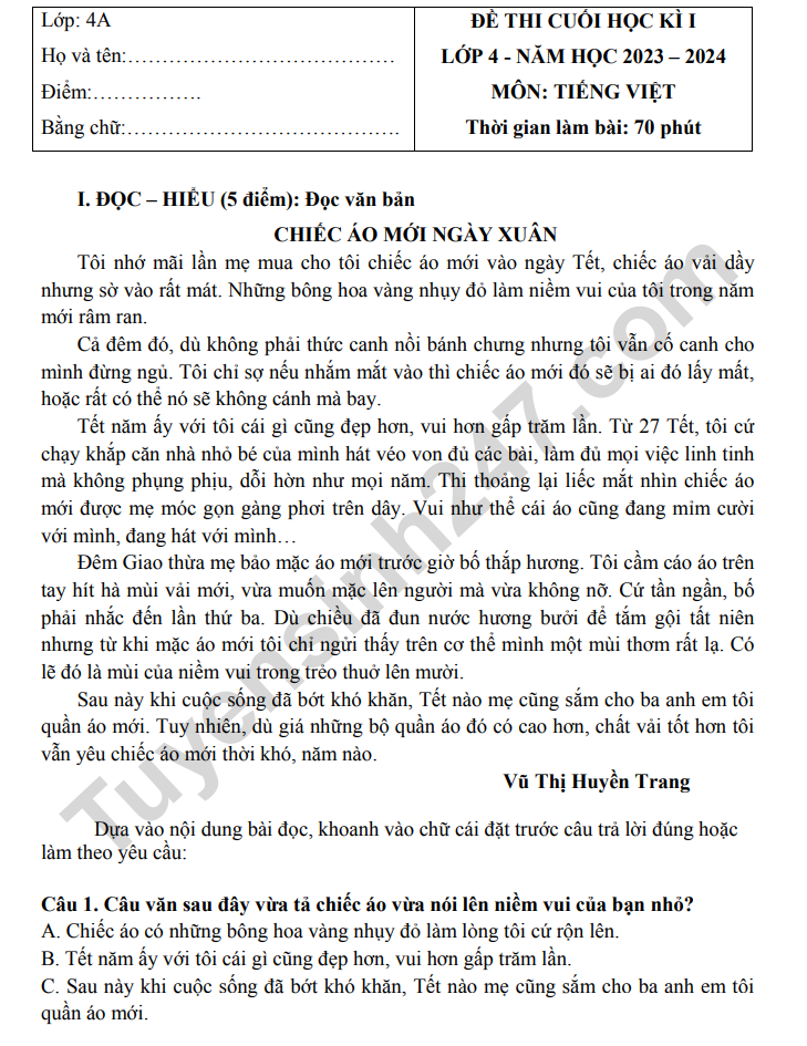 Đề Kiểm Tra Cuối Học Kỳ II Môn Tiếng Việt Lớp 4