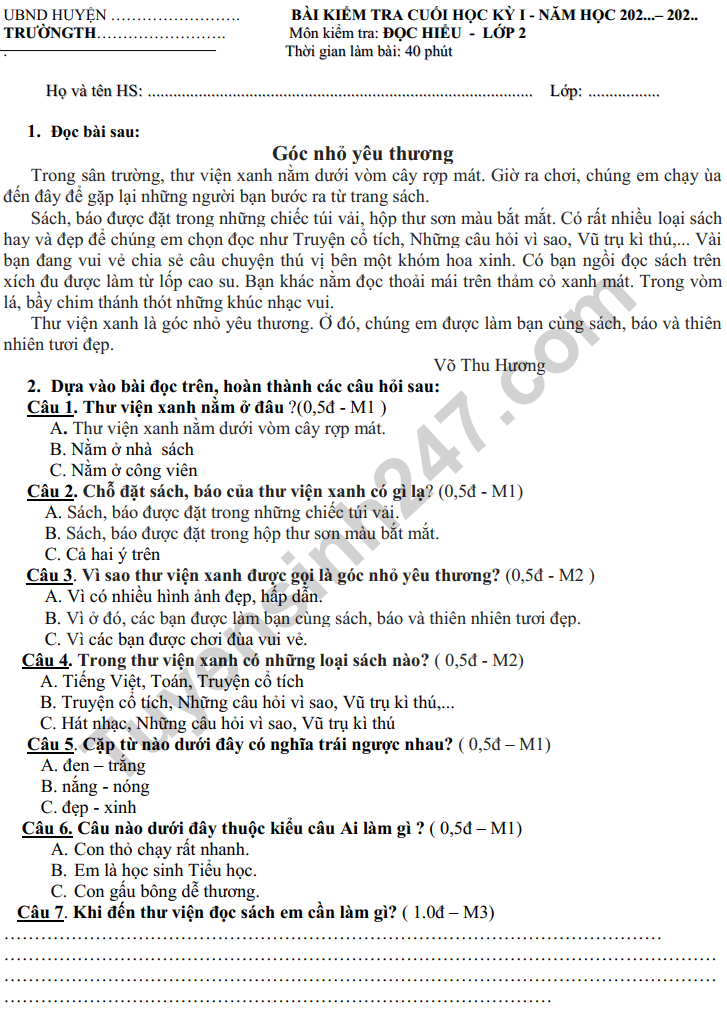 Đề Kiểm Tra Cuối Năm Môn Tiếng Việt Lớp 2: Đề Số 2 (Năm học 2018-2019)