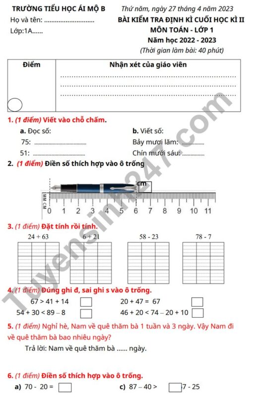 Tổng Hợp 5 Bộ Đề Thi Toán Lớp 1 Học Kỳ 2 Chuẩn Cấu Trúc Mới Nhất