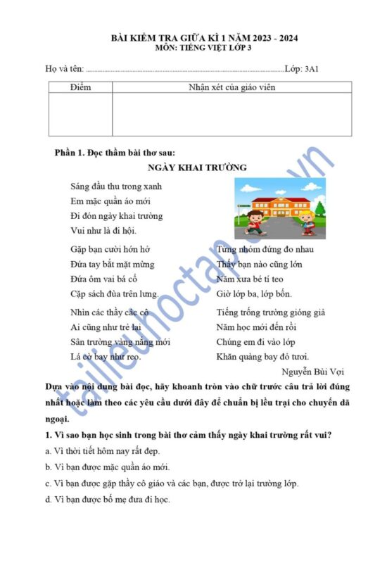 Top 30 Đề thi Tiếng Việt lớp 3 Học kì 1 năm 2026 (Có đáp án)