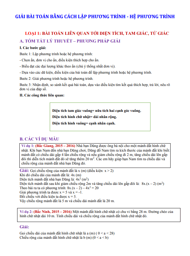 BÀI TẬP GIẢI TOÁN BẰNG CÁCH LẬP PHƯƠNG TRÌNH: HƯỚNG DẪN CHI TIẾT VÀ BÀI TẬP VÍ DỤ