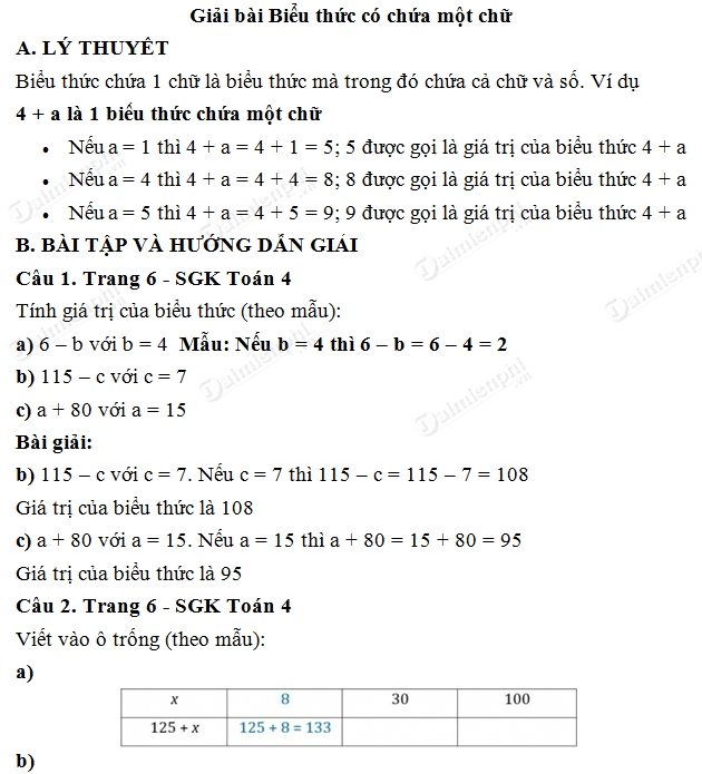 Giải Toán Lớp 4 Biểu Thức Có Chứa Một Chữ Trang 6 SGK: Hướng Dẫn Chi Tiết