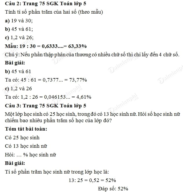 GIẢI TOÁN VỀ TỈ SỐ PHẦN TRĂM TRANG 75