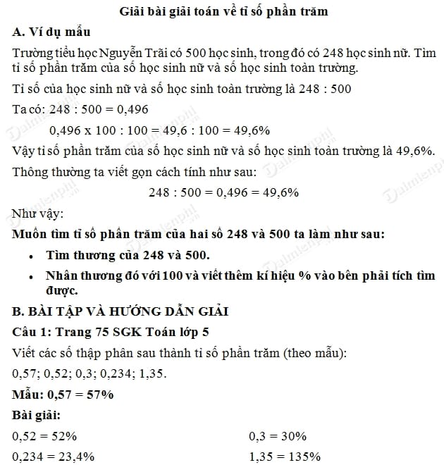 GIẢI TOÁN VỀ TỈ SỐ PHẦN TRĂM TRANG 75