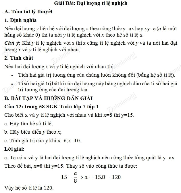 Giải Bài Tập Toán Lớp 7 Bài 1: Đại Lượng Tỉ Lệ Thuận