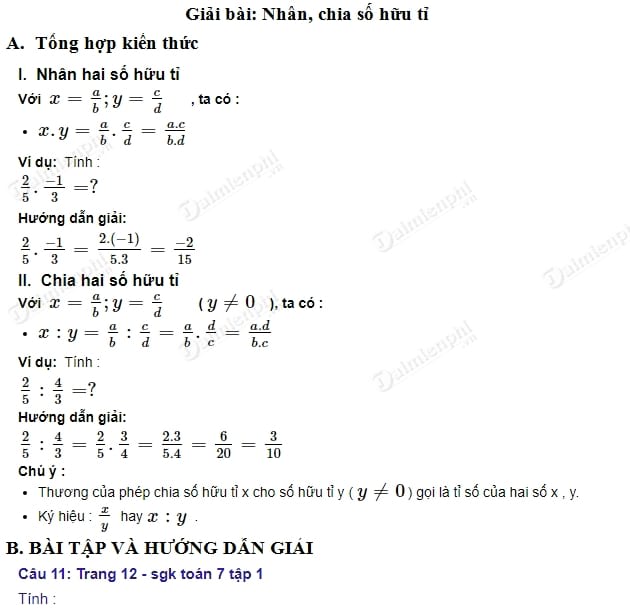 Giải Toán Lớp 7 Tập 1 Bài 3 Nhân Chia Số Hữu Tỉ