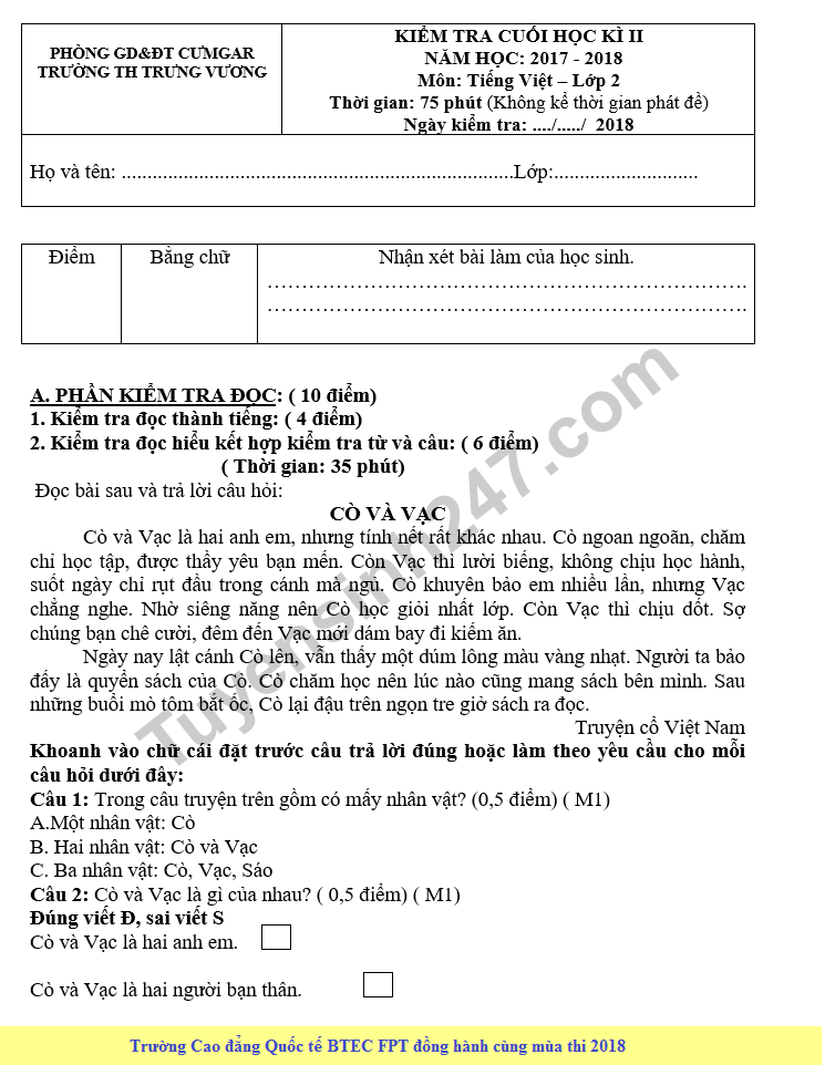 Đề Kiểm Tra Cuối Năm Môn Tiếng Việt Lớp 2: Đề Số 2 (Năm học 2018-2019)