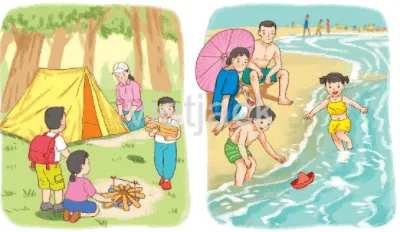 Tranh minh họa cảnh đi cắm trại và đi tắm biển