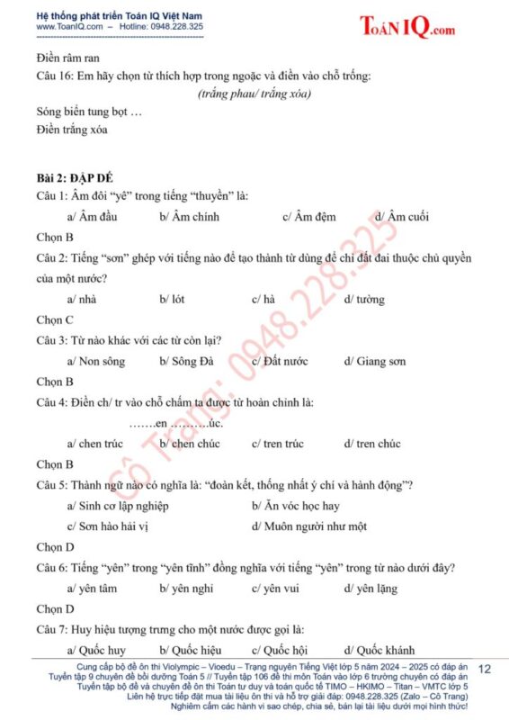 Đề thi Olympic Tiếng Việt Tuổi thơ Cấp trường Lớp 5 (2019-2020): Chinh Phục Kiến Thức