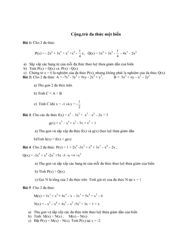 Giải Bài Tập Toán Lớp 7: Cộng Trừ Đa Thức Một Biến