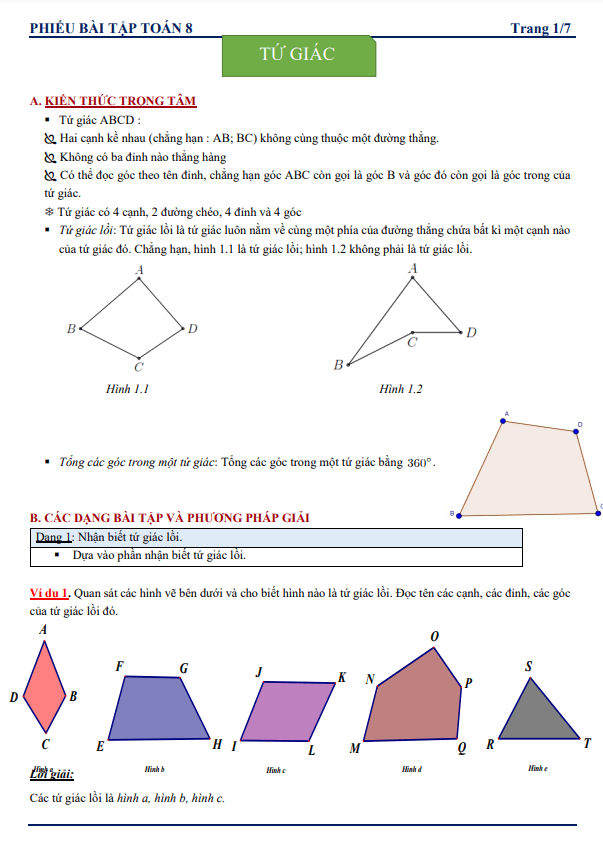 Giải Bài Tập Toán Lớp 8 Tập 1 Bài 1: Tứ Giác