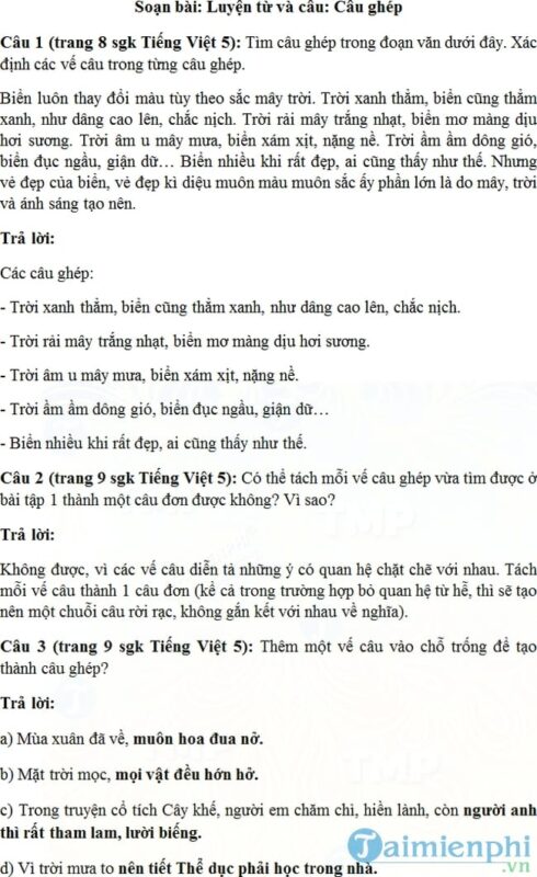 Câu Ghép Trang 8 SGK Tiếng Việt Lớp 5 Tập 2