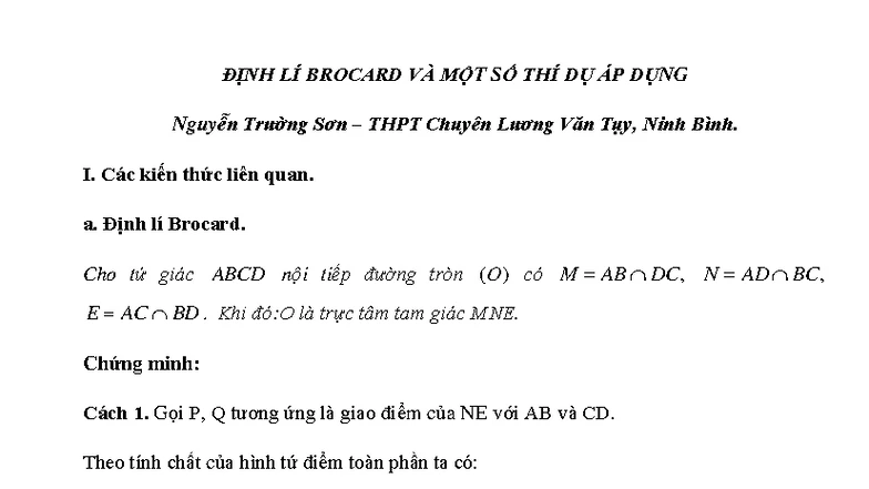 Chứng Minh Định Lý Brocard Và Ứng Dụng Trong Giải Toán