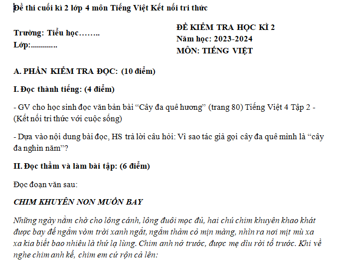 Bộ Đề Thi Tiếng Việt Lớp 2 Cuối Học Kỳ 2 Kết Nối Tri Thức Năm 2025: Ôn Tập Hiệu Quả