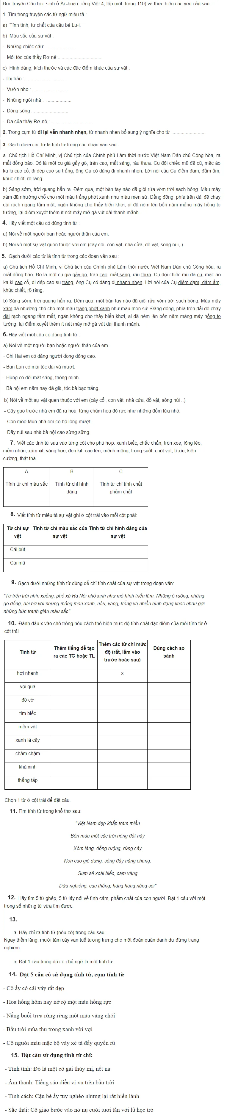 Minh họa bài tập về tính từ