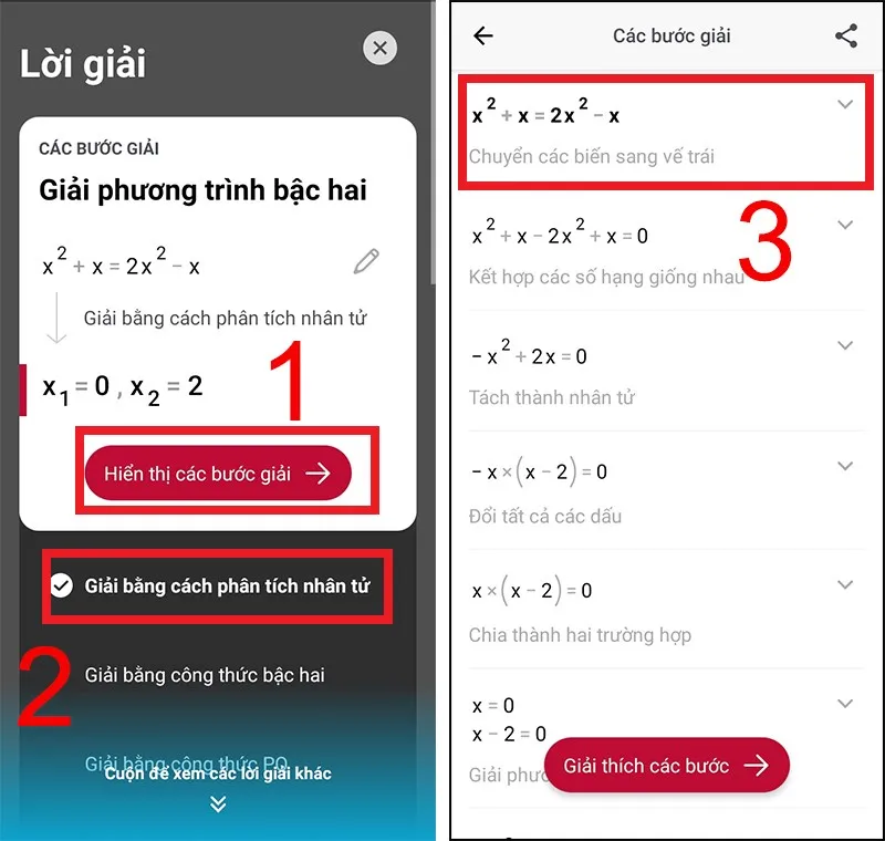 Chọn cách giải và nhấn Hiển thị các bước giải để xem chi tiết
