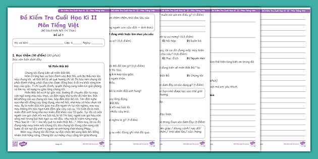 Đề Kiểm Tra Cuối Học Kỳ II Môn Tiếng Việt Lớp 4