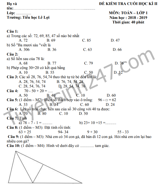 Tổng Hợp 5 Bộ Đề Thi Toán Lớp 1 Học Kỳ 2 Chuẩn Cấu Trúc Mới Nhất