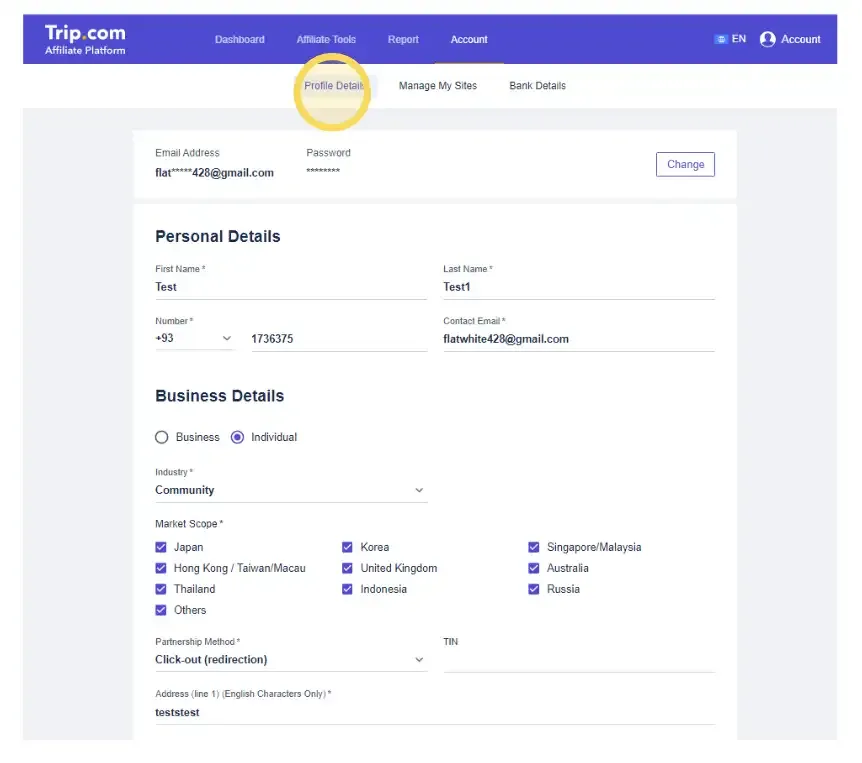 Điền thông tin cá nhân và tài khoản ngân hàng để nhận thanh toán hoa hồng