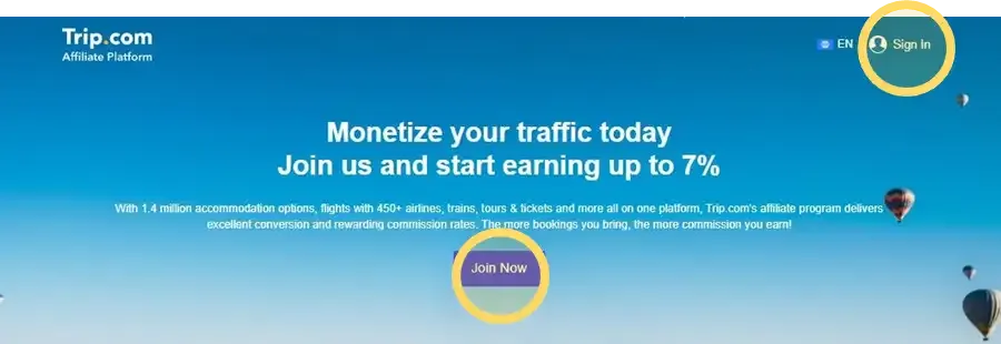 Màn hình đăng nhập và đăng ký tài khoản đối tác trên hệ thống Trip.com