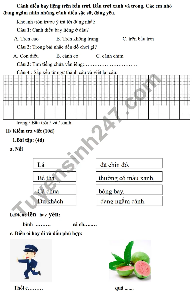 Nội dung phần đọc thành tiếng và kiểm tra đọc hiểu trong đề thi