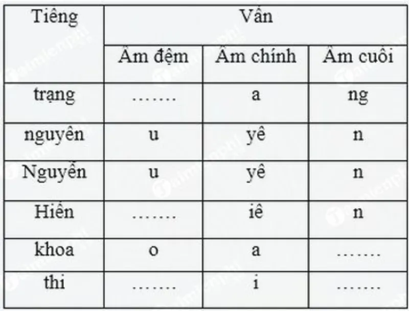 Mô hình cấu tạo âm tiết với sự phân chia rõ ràng các vị trí thành phần