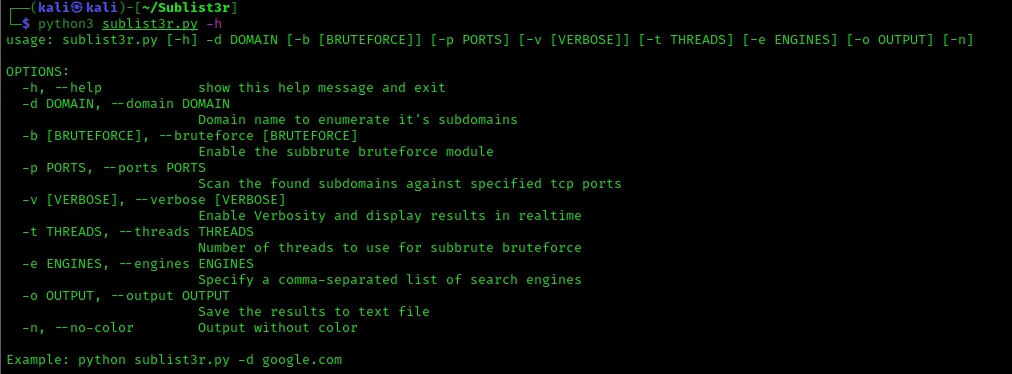 Kết quả thực thi của công cụ Sublist3r trên hệ điều hành Kali Linux
