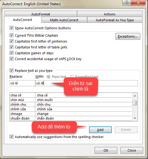 Giao diện cài đặt tính năng tự động sửa lỗi trong phần mềm Microsoft Word