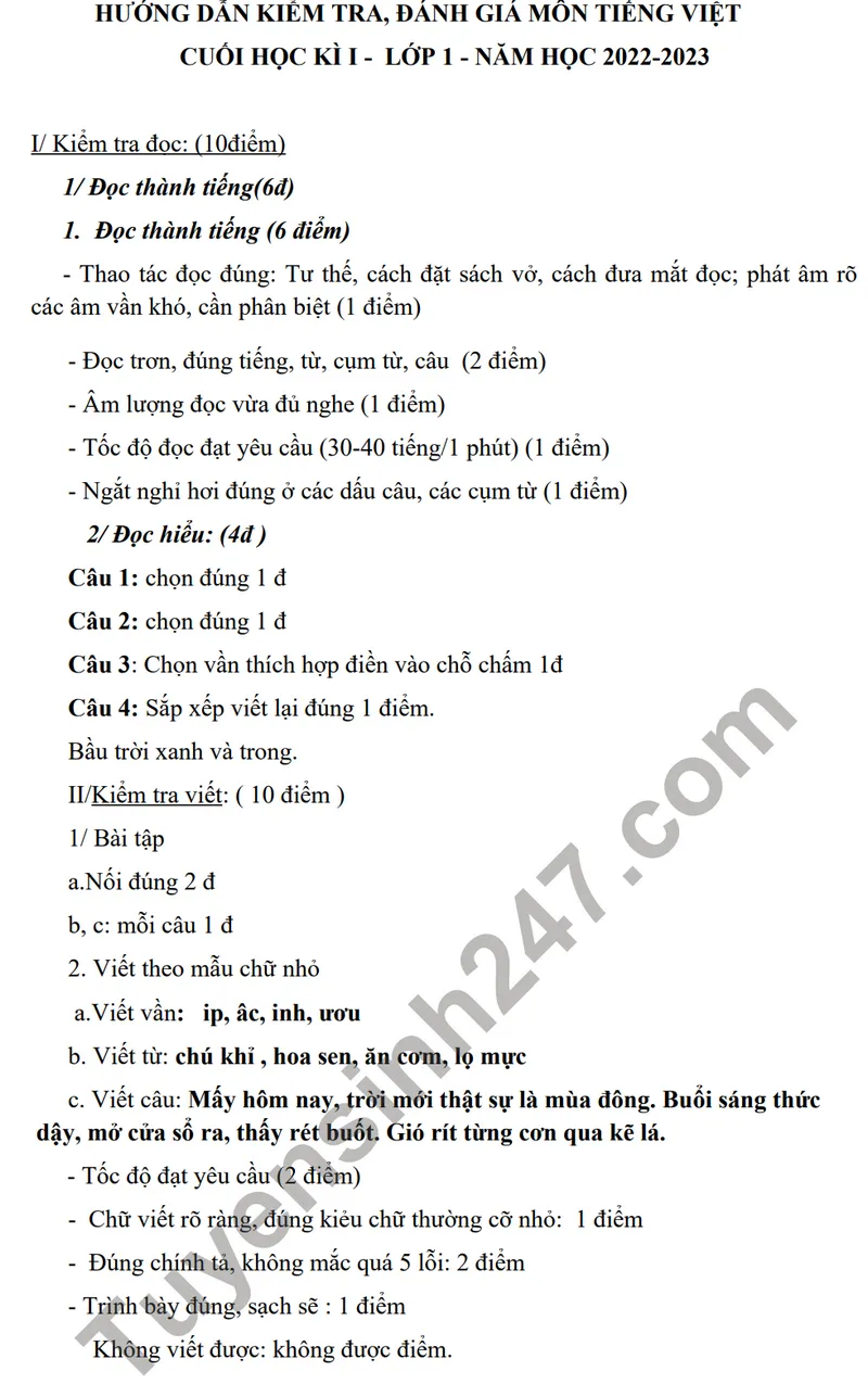 Bảng đáp án chi tiết và thang điểm chấm thi môn Tiếng Việt lớp 1