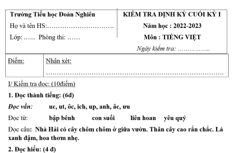 Mặt trước của đề thi tiếng việt lớp 1 trường Đoàn Nghiên năm 2023