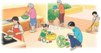 Các bức tranh minh họa hoạt động của gia đình để học sinh tìm từ ngữ