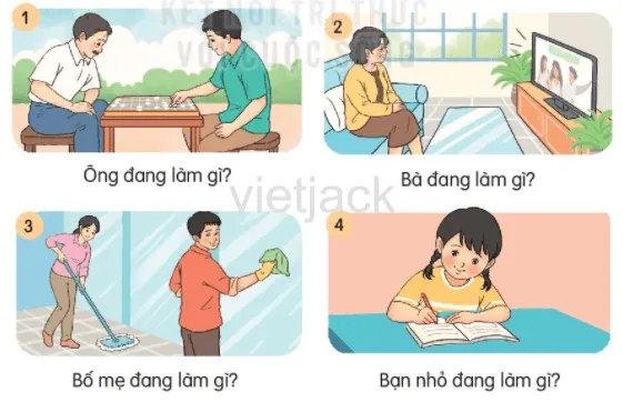 Hình ảnh bốn bức tranh về các thành viên trong gia đình đang làm việc