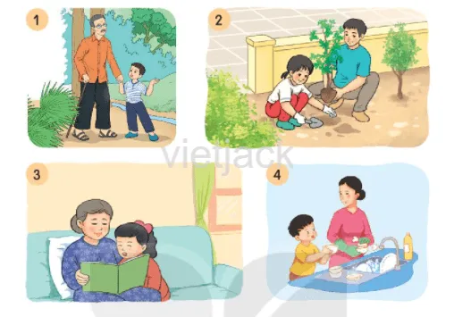 Các bạn nhỏ đang tham gia hoạt động cùng người thân như trồng cây và đọc sách