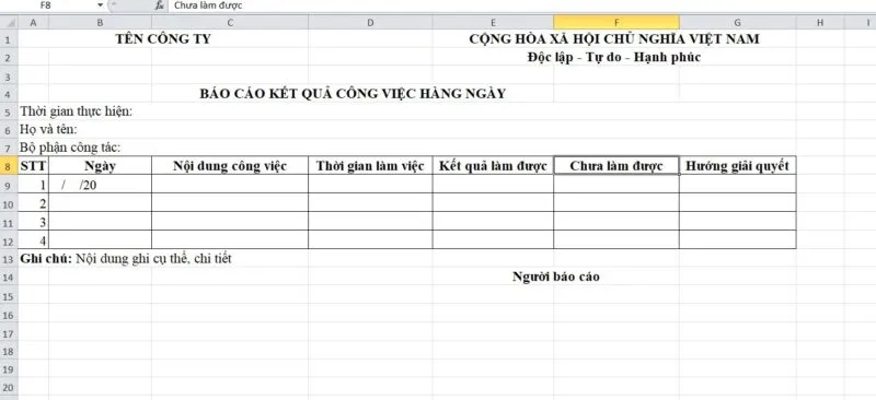 Bảng tính Excel quản lý công việc hàng ngày với các cột phân chia thời gian cụ thể