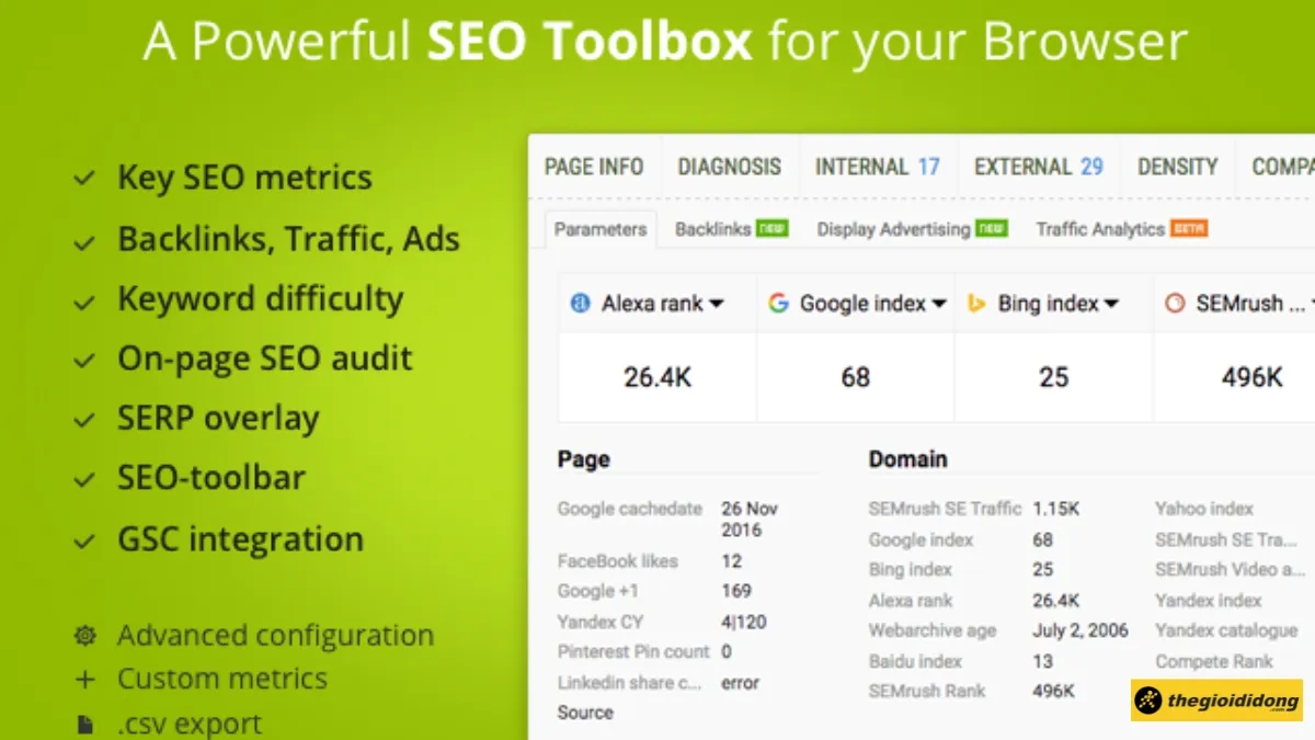 Tiện ích SEOQuake hiển thị các thông số SEO ngay trên khung trình duyệt Chrome