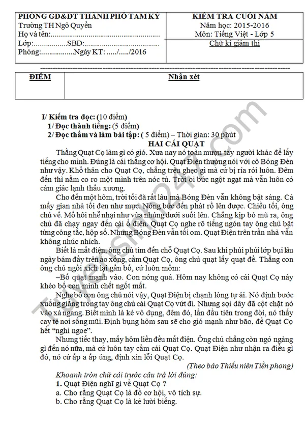 Mẫu đề thi Tiếng Việt lớp 5 học kì 2 phần đọc hiểu văn bản