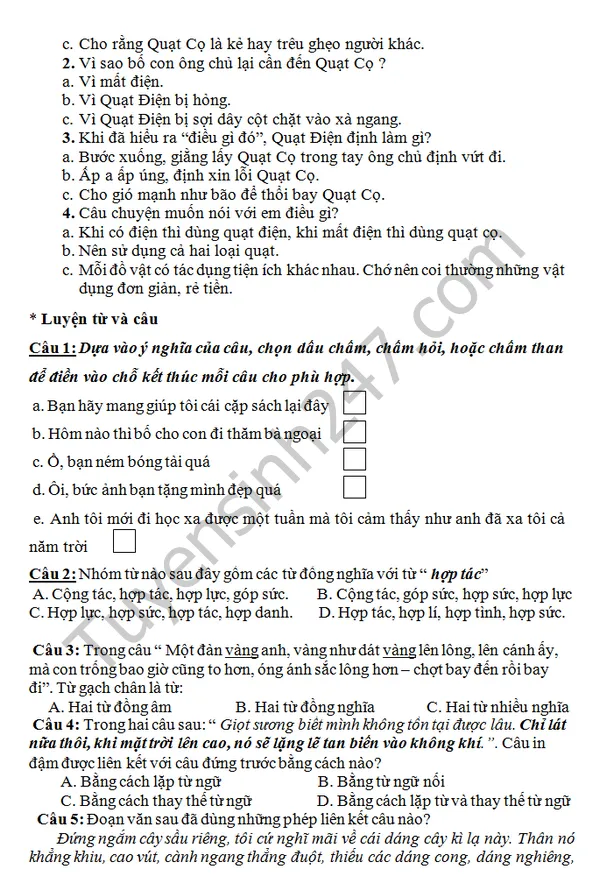 Cấu trúc đề kiểm tra học kì 2 môn Tiếng Việt khối lớp 5